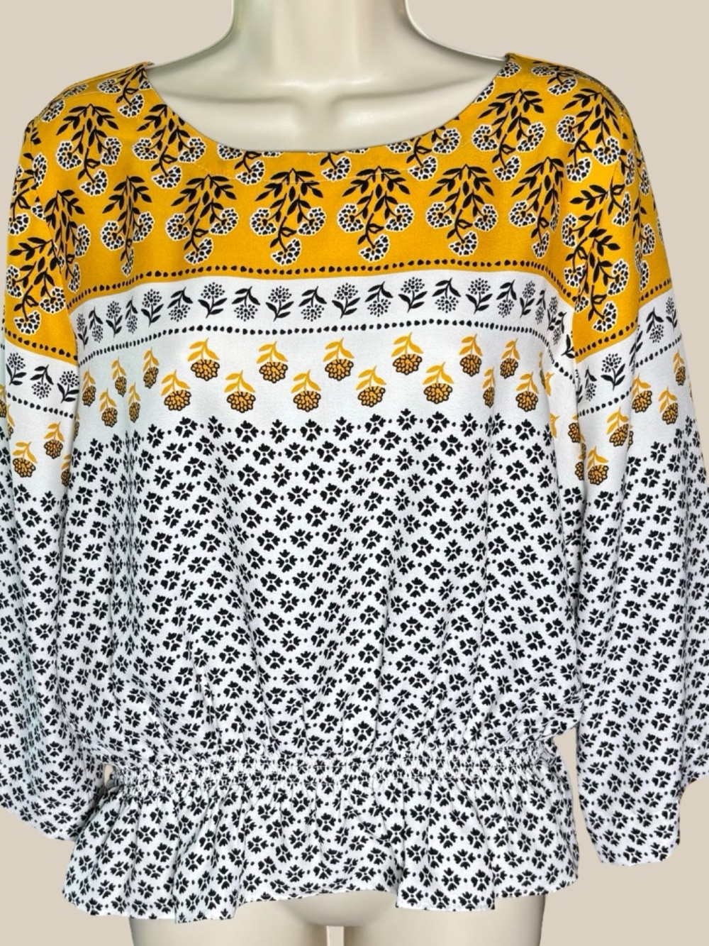 Ann Taylor Print Peasant Blouse Yellow Boho Smocked Waist Geometric Floral